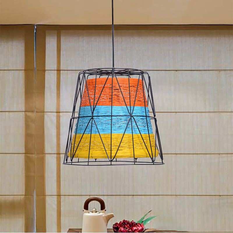 Bucket Ceiling Light Lodge Style Metallic and Rope 1 Light White/Blue-Orange-Yellow Pendant Lamp with Wire Frame