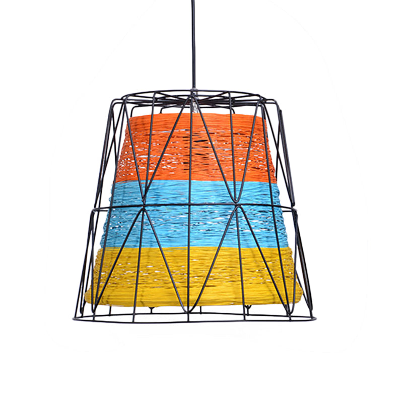 Bucket Ceiling Light Lodge Style Metallic and Rope 1 Light White/Blue-Orange-Yellow Pendant Lamp with Wire Frame