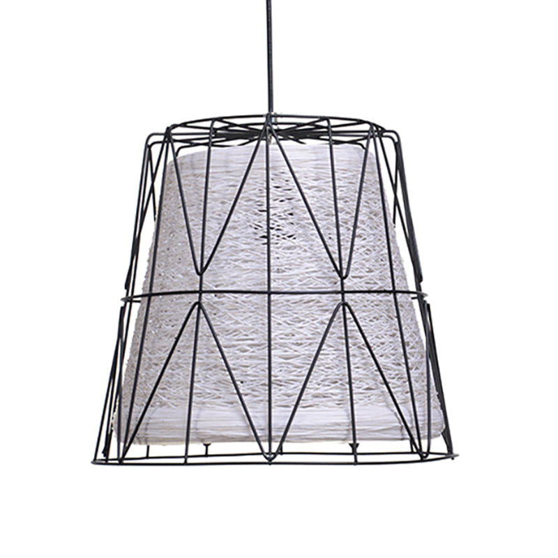 Bucket Ceiling Light Lodge Style Metallic and Rope 1 Light White/Blue-Orange-Yellow Pendant Lamp with Wire Frame