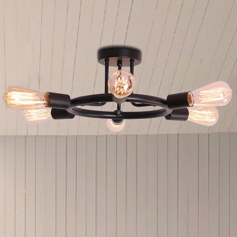 Bare Bulb Semi Flush Ceiling Light Mid Century Metallic 6 Heads Semi Mount Light in Brass/Black Finish
