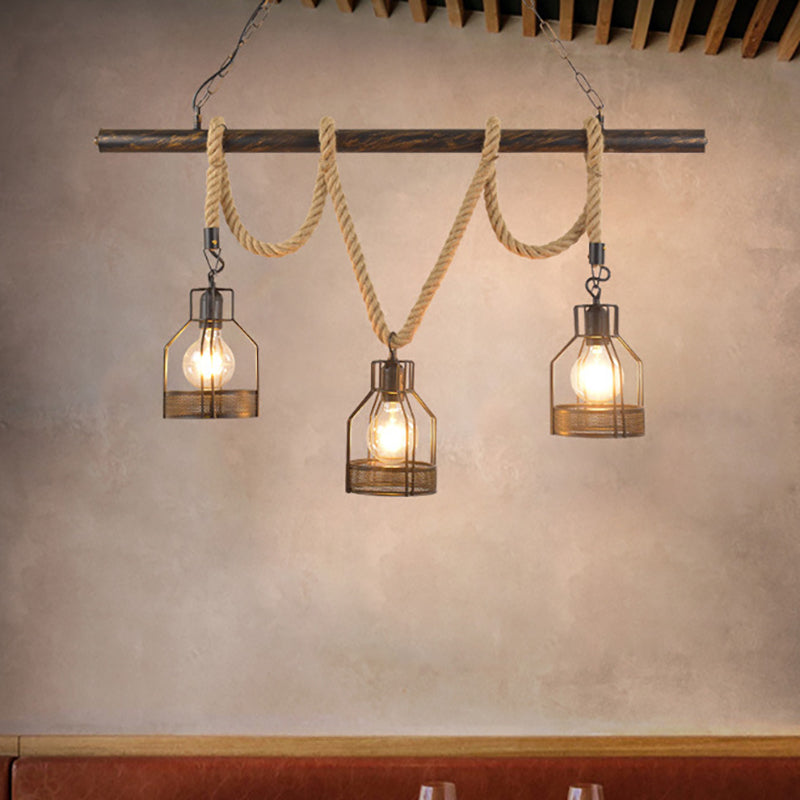 Global/Bottle Restaurant Island Pendant Light Iron 3 Lights Retro Style Black Ceiling Light with Hanging Rope