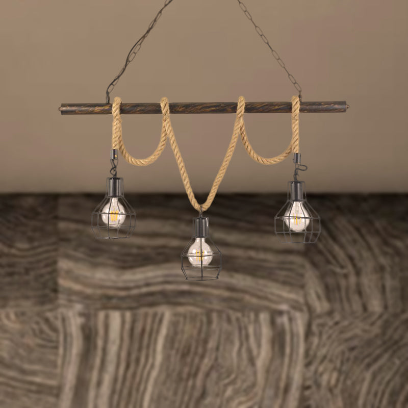 Global/Bottle Restaurant Island Pendant Light Iron 3 Lights Retro Style Black Ceiling Light with Hanging Rope