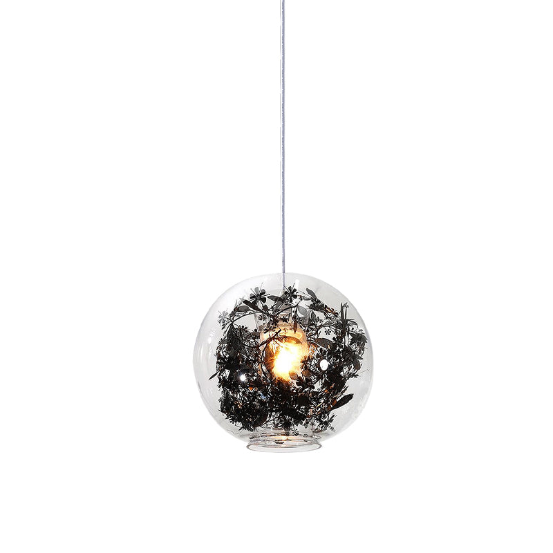 Luz de techo colgante de la esfera de vidrio transparente 1 Lámpara colgante de la cabeza 1 cabezal con diseño de plantas negras en el interior