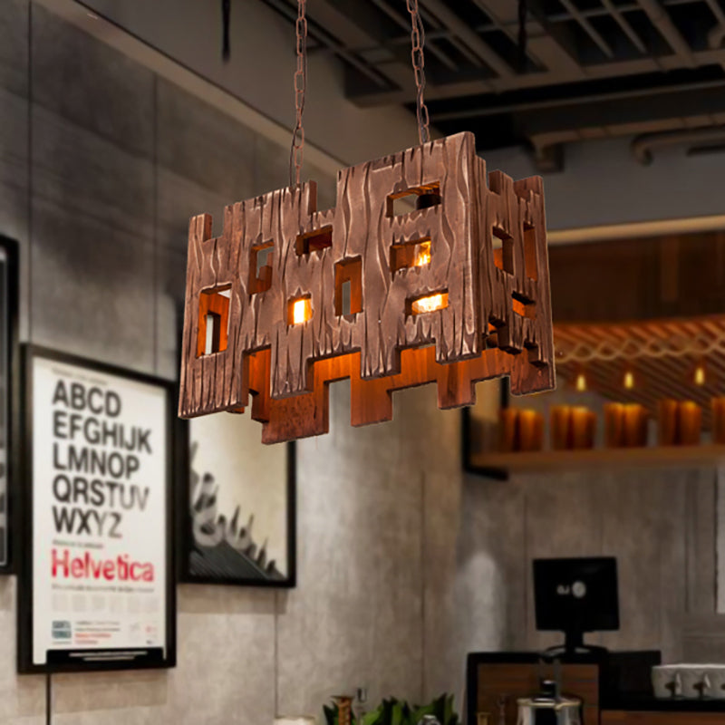 Rectangle Restaurant Island Chandelier Light Wood 2/3 Bulbs Countryside Pendant Lamp with Hollow Out Design in Brown