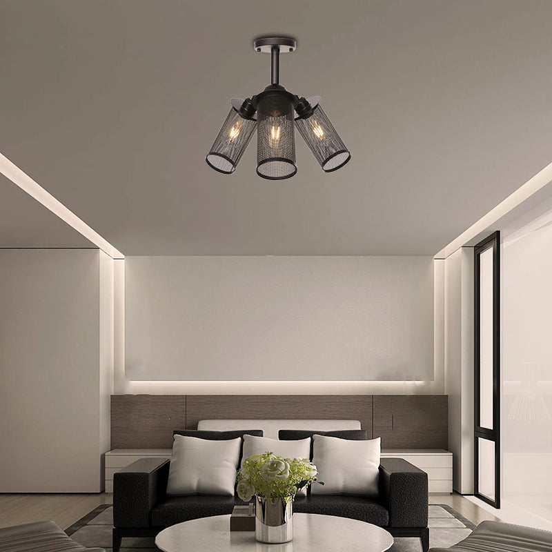 Stile industriale cilindro/lanterna Lampada del soffitto Metal 3 teste di semi -montaggio interno con schermo a rete in nero