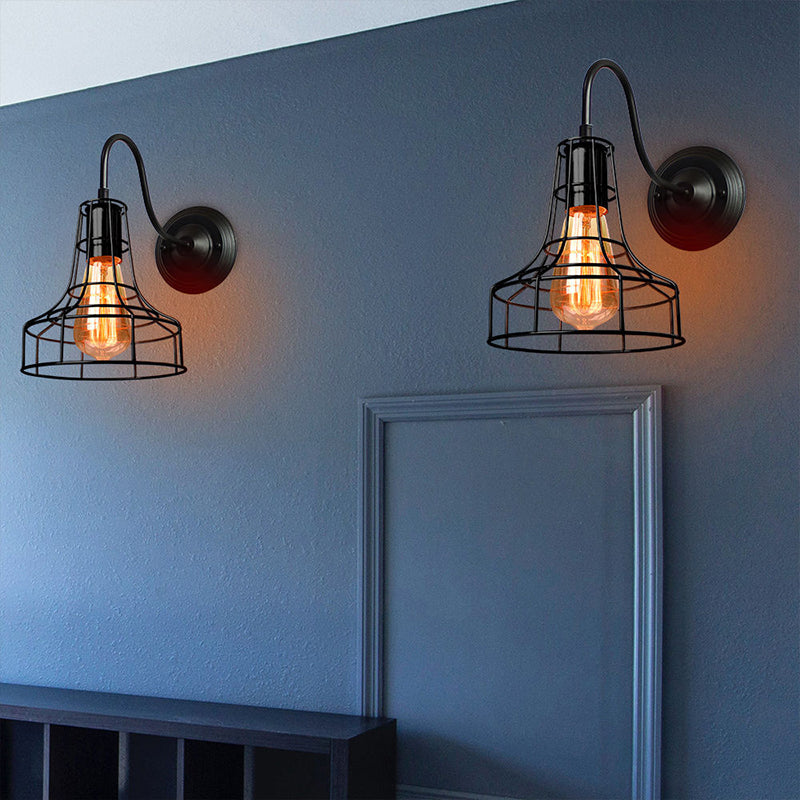 Metal Barn Wall Light Sconce Industrial Style 1 Bulb Black Wall Mounted Lamp with Wire Frame and Gooseneck Arm