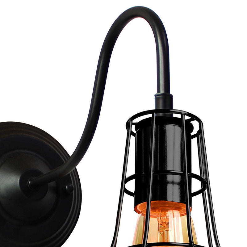 Metal Barn Wall Light Sconce Industrial Style 1 Bulb Black Wall Mounted Lamp with Wire Frame and Gooseneck Arm