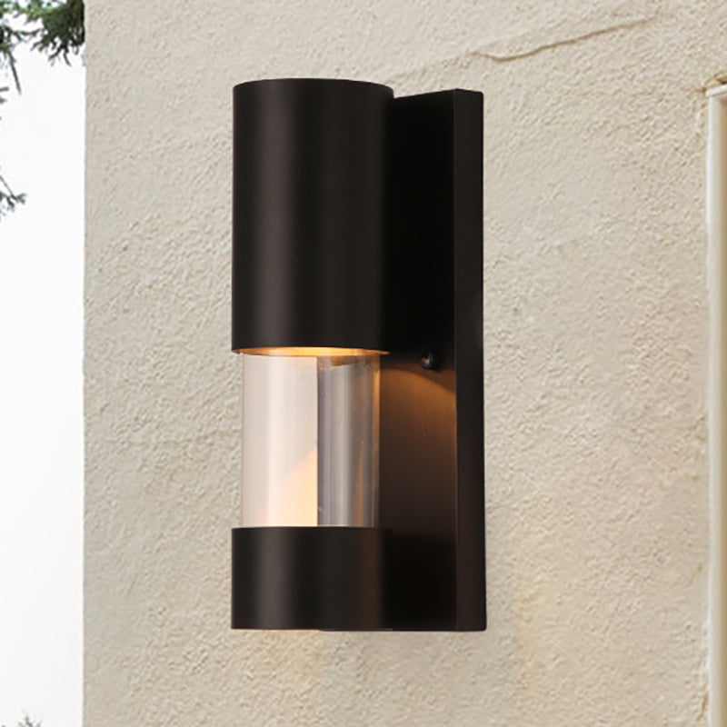 Black Cylindrical Wall Mount Light Industrial Style 1 Bulb Metallic and Clear Glass Wall Sconce for Hallway