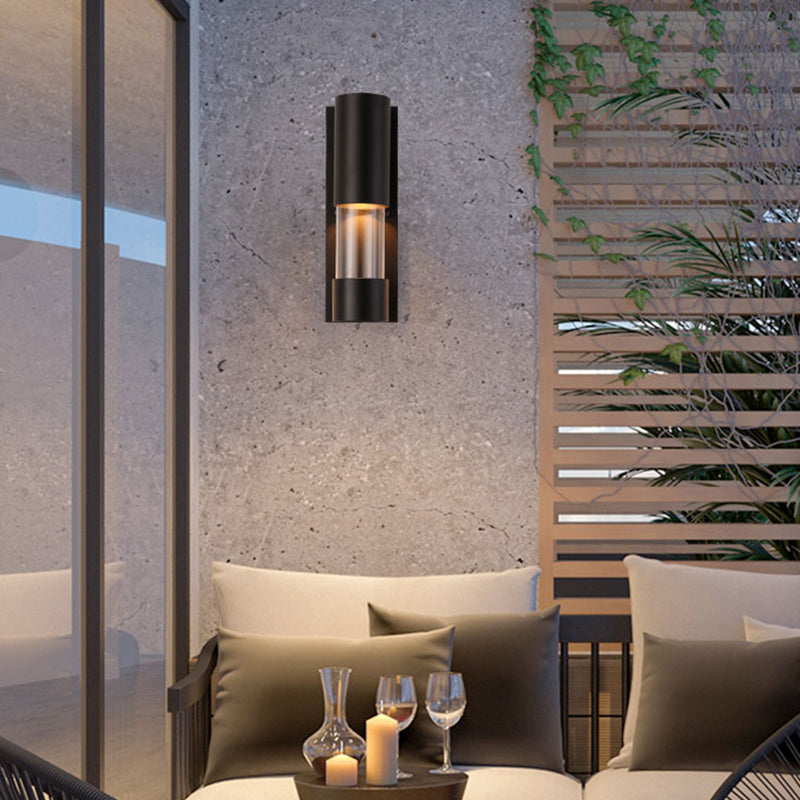 Montaje de pared cilíndrica negra Estilo industrial 1 bulbo Metálico y de vidrio transparente aplique de pared de vidrio para pasillo