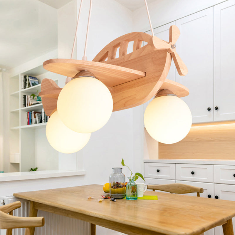 3 lumières Airplane Pendant Light Aymator Cartoon Suspension en bois Pendante Lumière avec bouche Boule Blanc Shade