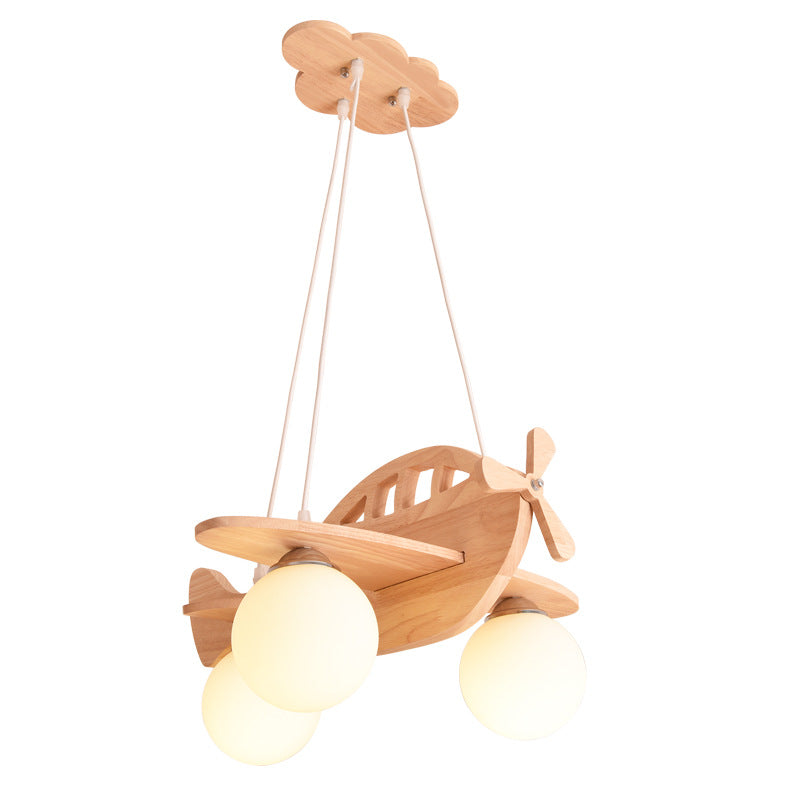 3 lumières Airplane Pendant Light Aymator Cartoon Suspension en bois Pendante Lumière avec bouche Boule Blanc Shade