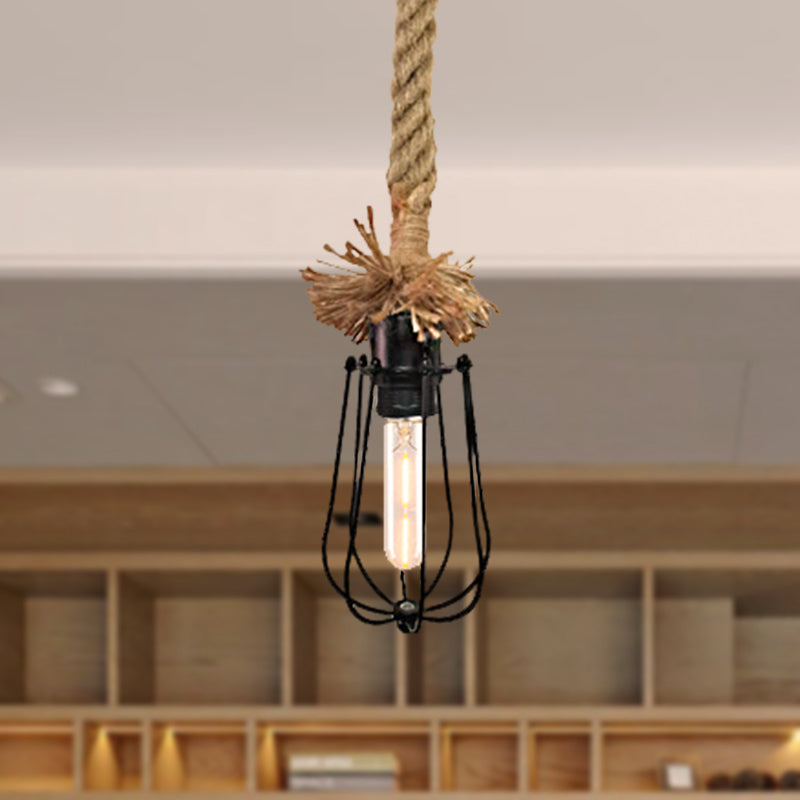 Black Bulb-Shaped Suspension Lamp Industrial 1 Head Metal Pendant Lighting with Wire Guard and Adjustable Rope