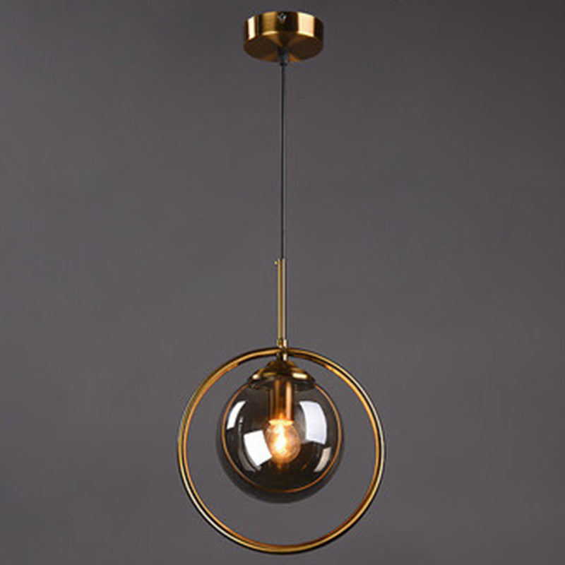 Mid-Century Design Globe Hanging Lamp Glass Shade with Metal Ring For Bedroom