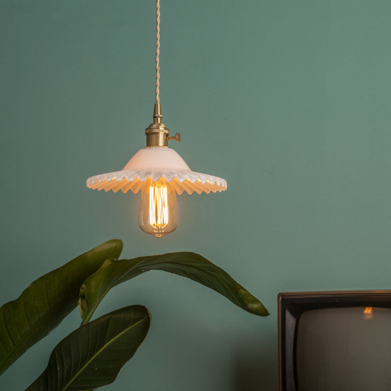 Scalloped Glass Shade Hanging Ceiling Light  Vintage Industrial 1-Light  Living Room Drop Pendant