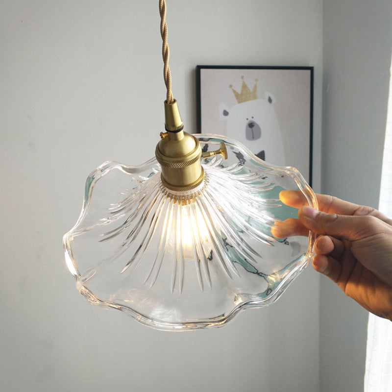 Luce appesa smerlata vintage con tonalità di vetro strutturata 1 lampada a sospensione in ottone lucido