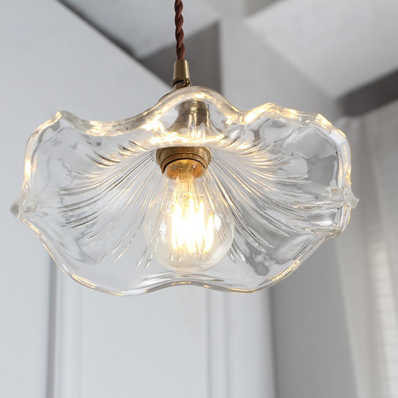 Luce appesa smerlata vintage con tonalità di vetro strutturata 1 lampada a sospensione in ottone lucido