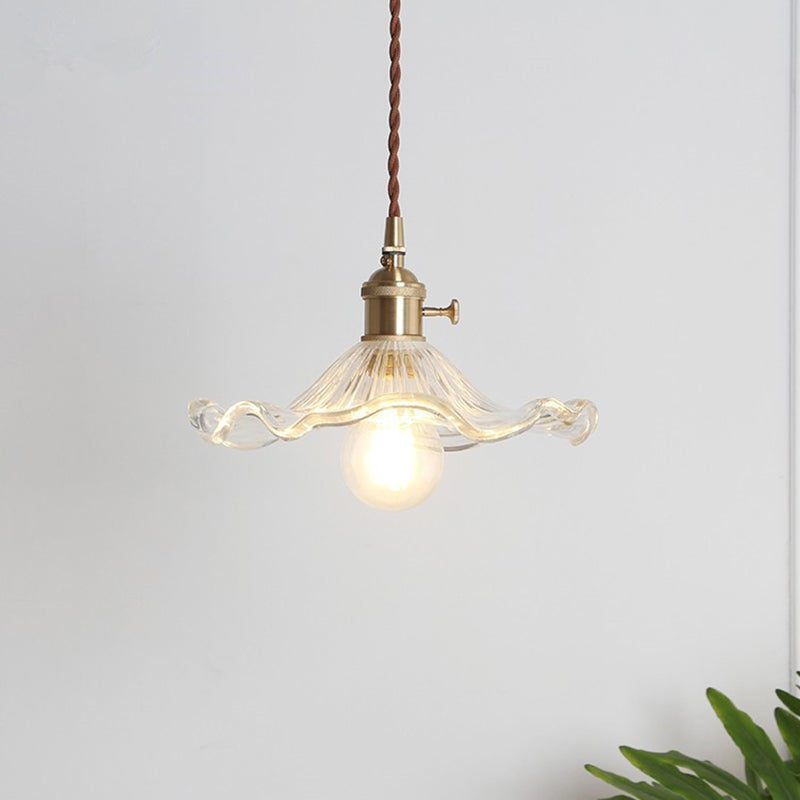 Luce appesa smerlata vintage con tonalità di vetro strutturata 1 lampada a sospensione in ottone lucido