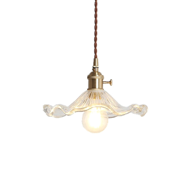 Luce appesa smerlata vintage con tonalità di vetro strutturata 1 lampada a sospensione in ottone lucido