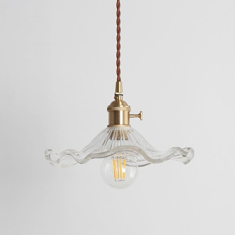 Luce appesa smerlata vintage con tonalità di vetro strutturata 1 lampada a sospensione in ottone lucido