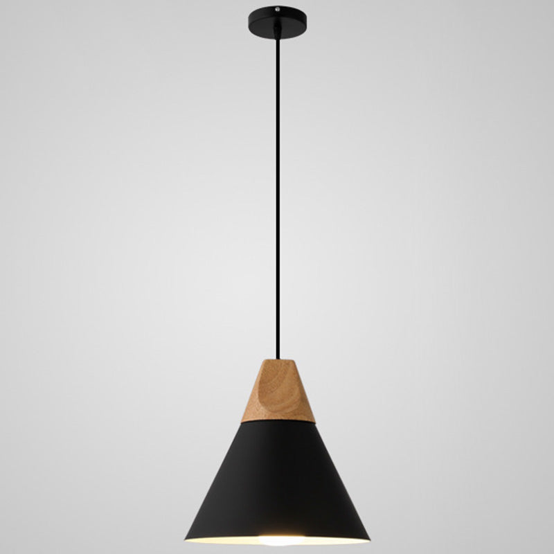 Metal Tapered Hanging Light Nordic Style 1 Light  Restaurant Ceiling Pendant Lamp  with Wooden Top