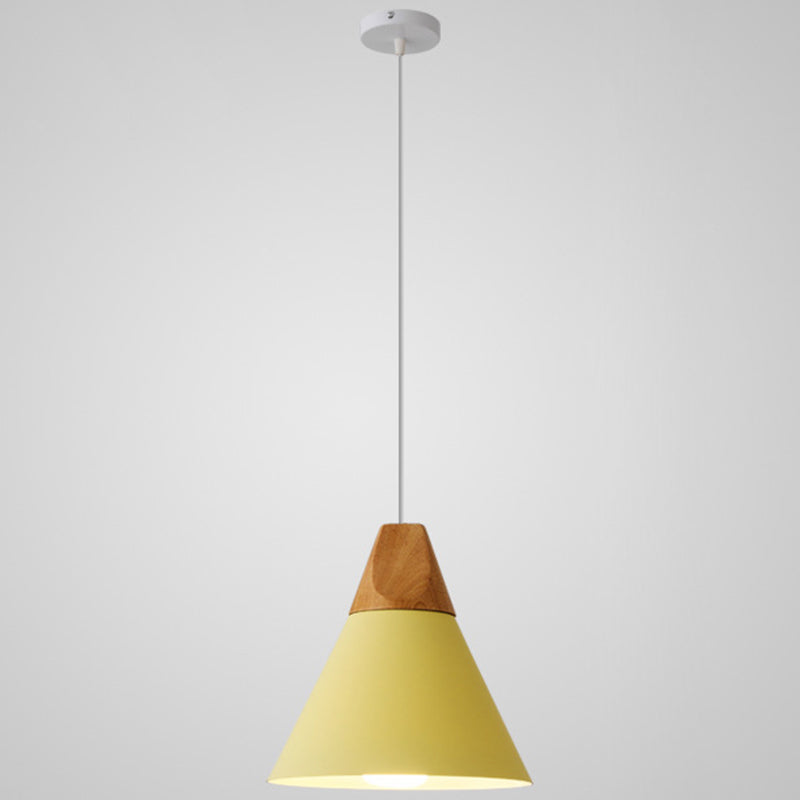 Metal Tapered Hanging Light Nordic Style 1 Light  Restaurant Ceiling Pendant Lamp  with Wooden Top