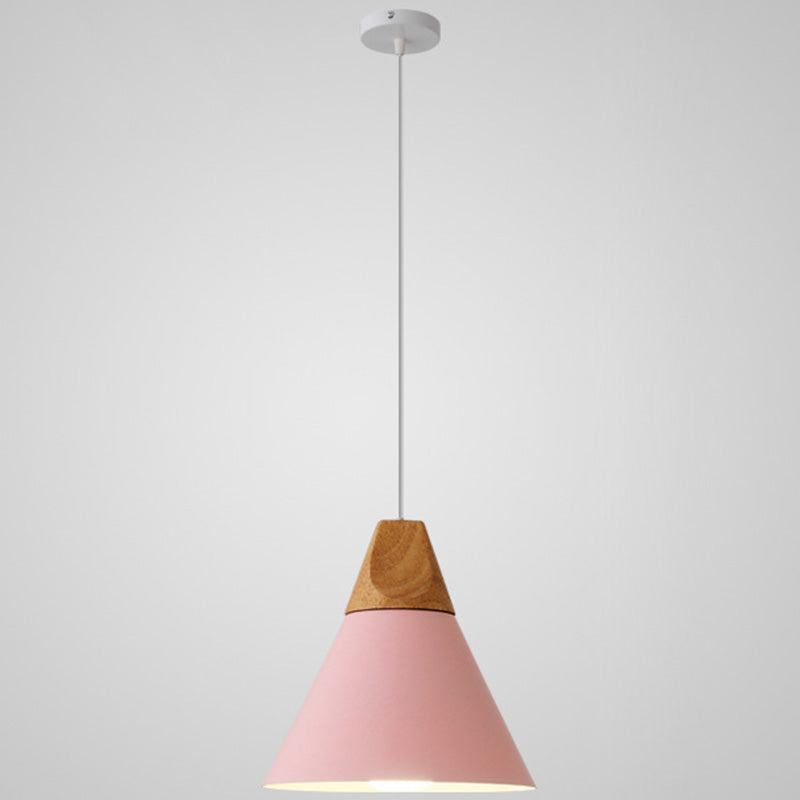 Metal Tapered Hanging Light Nordic Style 1 Light  Restaurant Ceiling Pendant Lamp  with Wooden Top