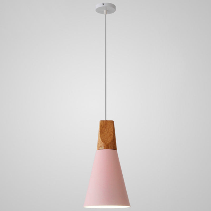 Metal Tapered Hanging Light Nordic Style 1 Light  Restaurant Ceiling Pendant Lamp  with Wooden Top