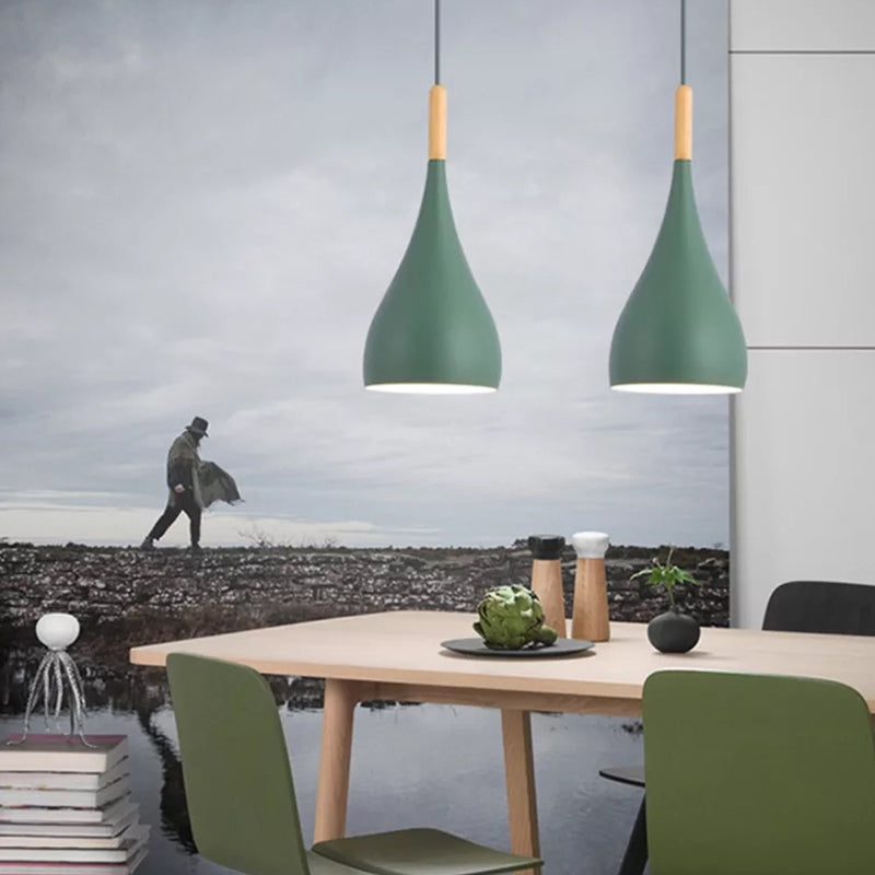 Metall Teardrop hängende leichte nordische Stil 1 Leichte Restaurant Deckenheize Anhängerlampe mit Holzoberteil