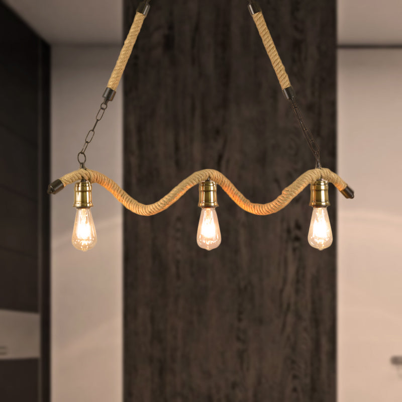 Exposed Bulb Hanging Island Light Loft Stylish Rope 3 Lights Dining Room Island Lighting with Wavy Design in Beige