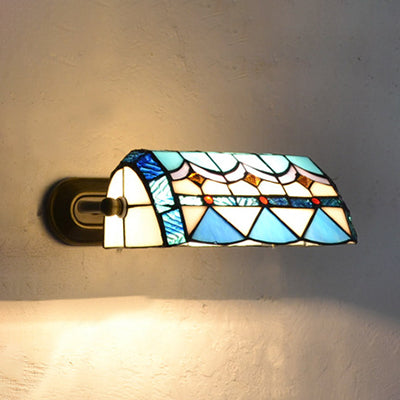Banker Wall Light Retro Style Stained Glass 1 Light Wall Mount Fixture in Beige/Blue for Bedside