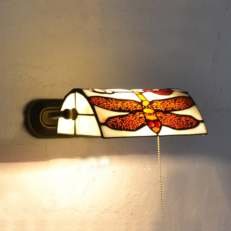 Beige Banker Wall Sconce without/with Pull Chain Vintage Stained Glass 1 Head Wall Sconce Lighting with Dragonfly Pattern
