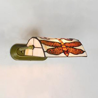 Beige Banker Wall Sconce without/with Pull Chain Vintage Stained Glass 1 Head Wall Sconce Lighting with Dragonfly Pattern