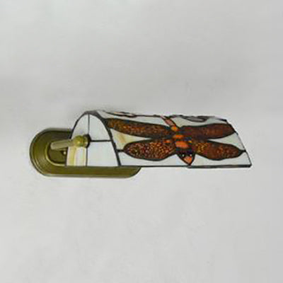 Beige Banker Wall Sconce without/with Pull Chain Vintage Stained Glass 1 Head Wall Sconce Lighting with Dragonfly Pattern