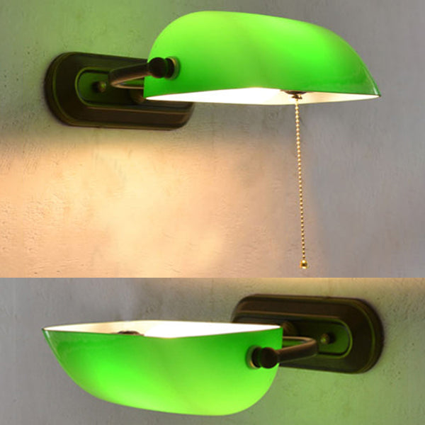Green Banker Wall Light without/with Pull Chain Tiffany Stained Glass 1 Head Wall Mount Fixture for Bedside