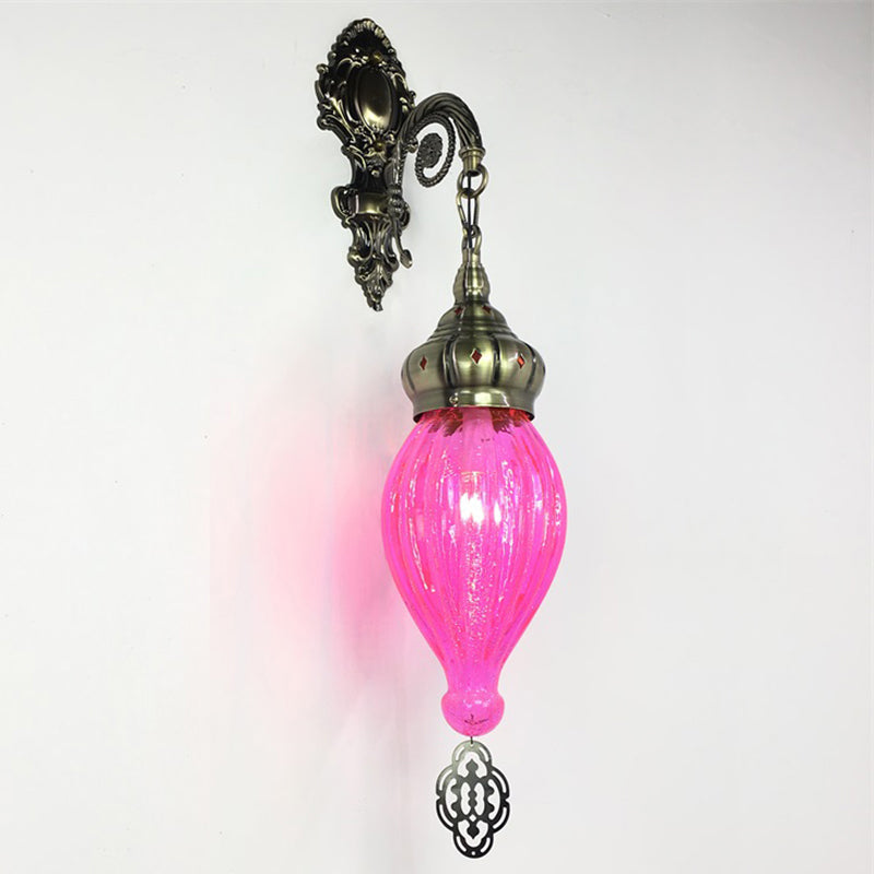 Traditional Teardrop Sconce Black/White/Light Blue Glass 1 Head Wall Mounted Lamp with Carved Metal Arm