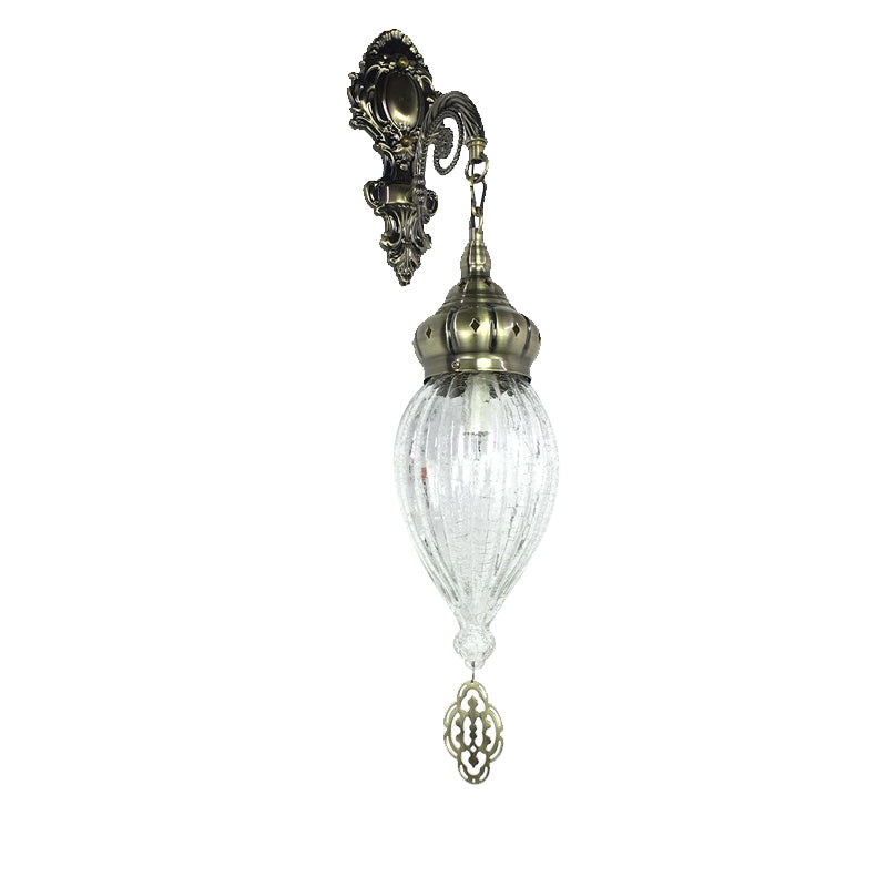 Traditional Teardrop Sconce Black/White/Light Blue Glass 1 Head Wall Mounted Lamp with Carved Metal Arm