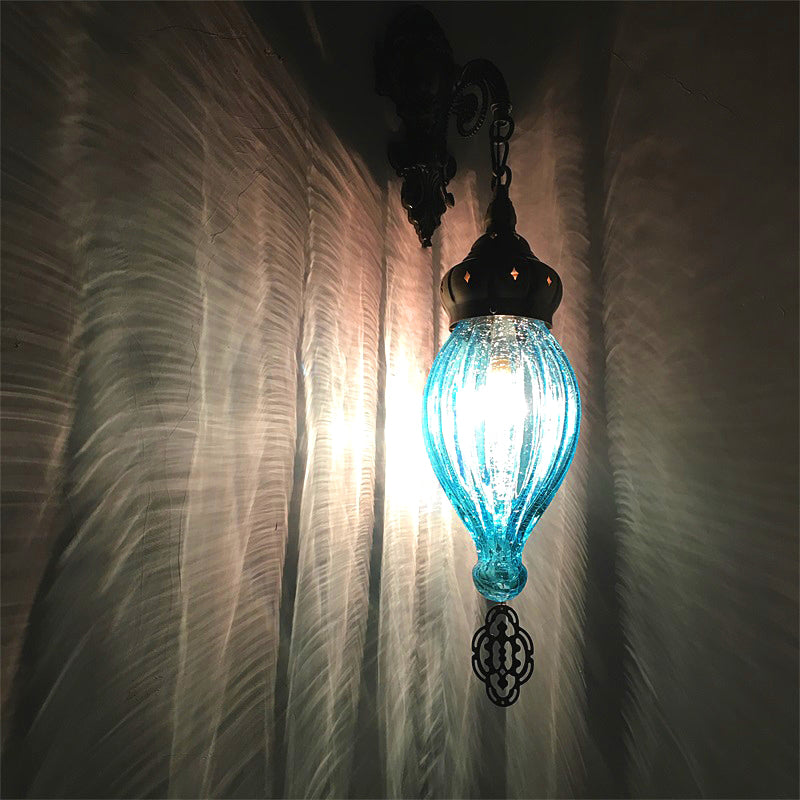 Traditional Teardrop Sconce Black/White/Light Blue Glass 1 Head Wall Mounted Lamp with Carved Metal Arm