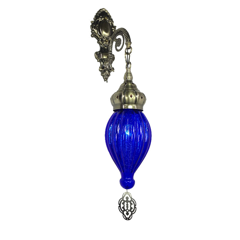 Traditional Teardrop Sconce Black/White/Light Blue Glass 1 Head Wall Mounted Lamp with Carved Metal Arm