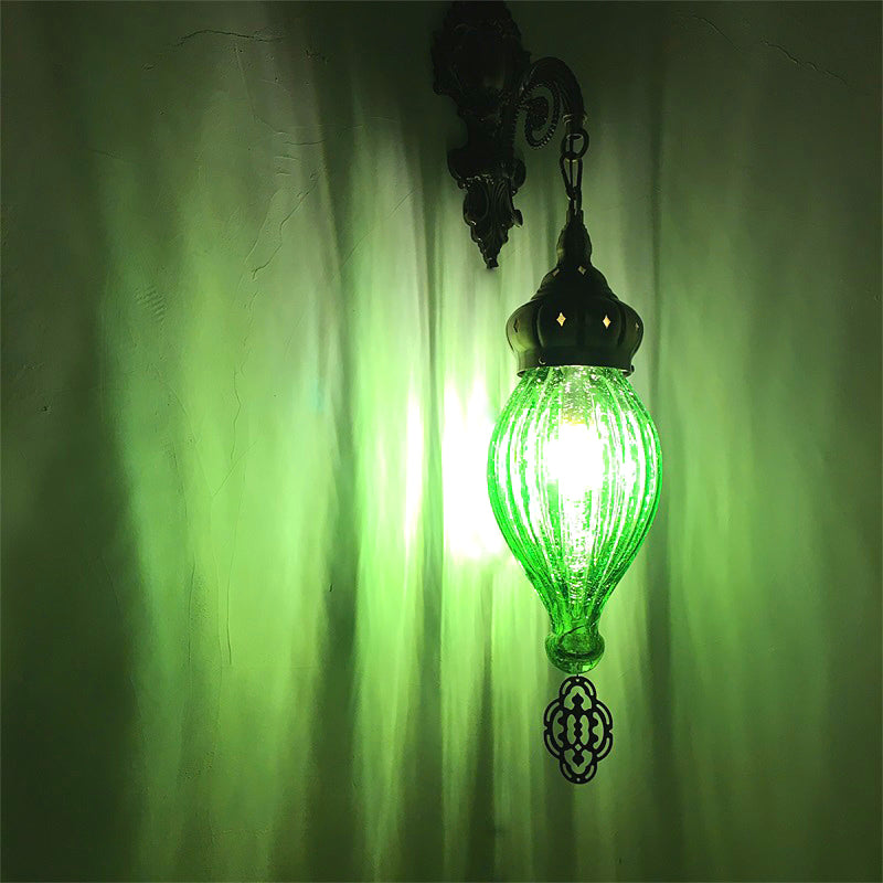 Traditional Teardrop Sconce Black/White/Light Blue Glass 1 Head Wall Mounted Lamp with Carved Metal Arm
