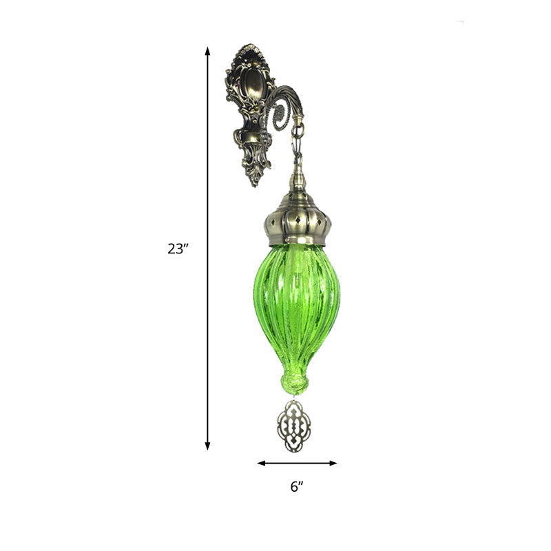 Traditional Teardrop Sconce Black/White/Light Blue Glass 1 Head Wall Mounted Lamp with Carved Metal Arm