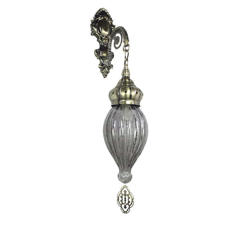 Traditional Teardrop Sconce Black/White/Light Blue Glass 1 Head Wall Mounted Lamp with Carved Metal Arm