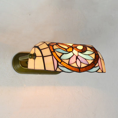 Tiffany Banker Wall Light with/without Pull Chain Stained Glass 1 Light Wall Mount Fixture with Flower Pattern in Beige