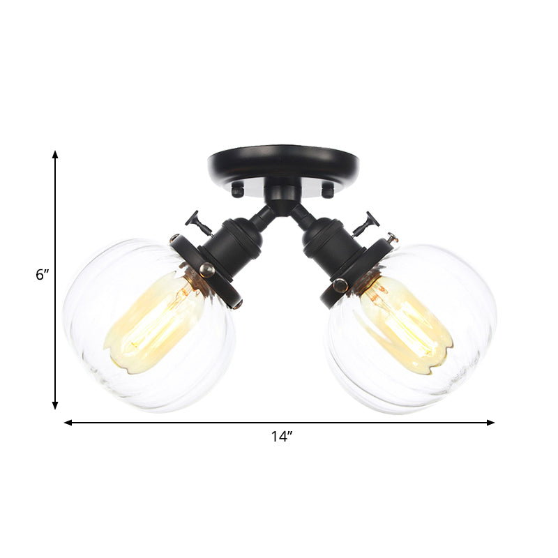 Amber/Clear Glass Ball Semi Flush Light Industrial Style Style 2 Heads Black/Bronze Affermazione per il ristorante