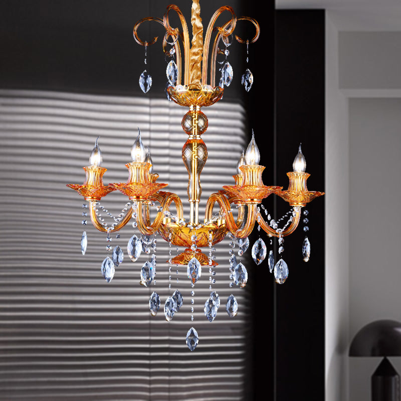 Gold Candle Chandelier Lighting Traditional Prism Glass 6 Heads Dining Room Hanging Lamp with Crystal Drip