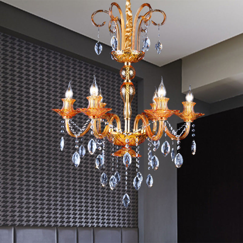 Gold Candle Chandelier Lighting Traditional Prism Glass 6 Heads Dining Room Hanging Lamp with Crystal Drip