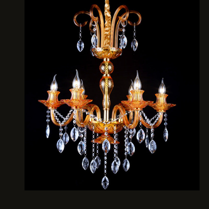 Gold Candle Chandelier Lighting Traditional Prism Glass 6 Heads Dining Room Hanging Lamp with Crystal Drip