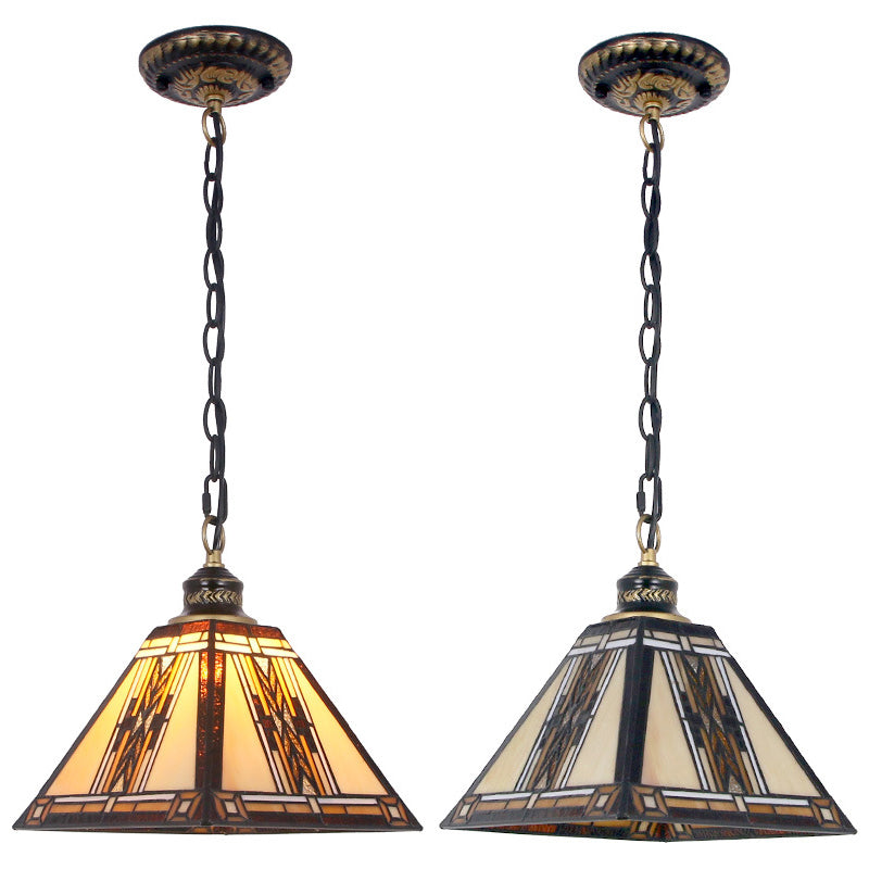 Stained Art Glass Hanging Lamp Geometric 1 Light Mission Style Pendant Light Fixture