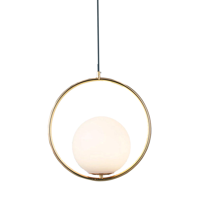 Mitte des Jahrhunderts Design Globe Hanging Lampe Weißglas Schatten Anhänger Licht mit Metallring