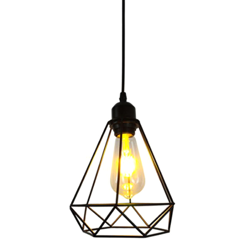 Diamond Iron Cluster Pendant Lighting Nordic Retro 1-Light Restaurant Hanging Lamp in Black