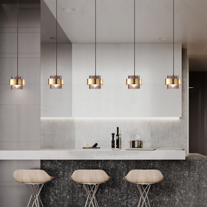 Lampada a sospensione in vetro di fumo cilindrico 1 luce moderna a sospensione minimalista con anello metallico